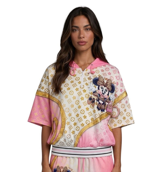 PINK MIX CUTE CHARACTER HOODY TOP WITH ELASTIC WAIST PANT SET Pants Made In Italy S Pink Mix 