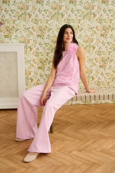 PINK SLEEVLESS LACE HALTER TANK Shirts & Tops CREAM 
