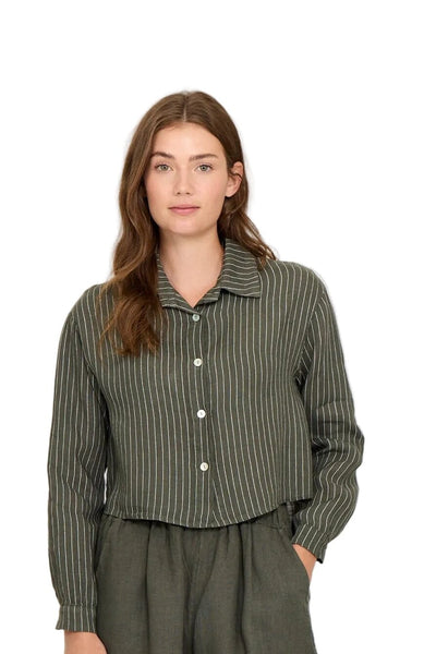 PINSTRIPED CROPPED LINEN BLOUSE Top Pistache XS Military Green Stripe 