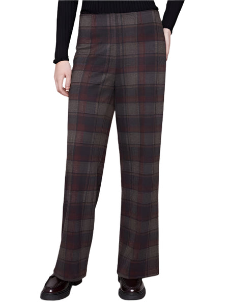 PLAID PRINTED PULL ON PONTE WIDE LEG PANTS Pant Charlie B 0 Plaid Brown 