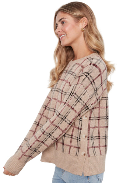 PLAID SWEATER WITH DECORATIVE SIDE BUTTON DETAIL SWEATER Charlie B 