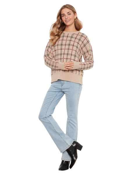 PLAID SWEATER WITH DECORATIVE SIDE BUTTON DETAIL SWEATER Charlie B 
