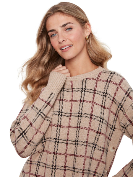 PLAID SWEATER WITH DECORATIVE SIDE BUTTON DETAIL SWEATER Charlie B 
