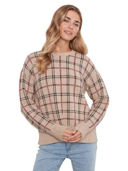 PLAID SWEATER WITH DECORATIVE SIDE BUTTON DETAIL SWEATER Charlie B XS Biscotti 