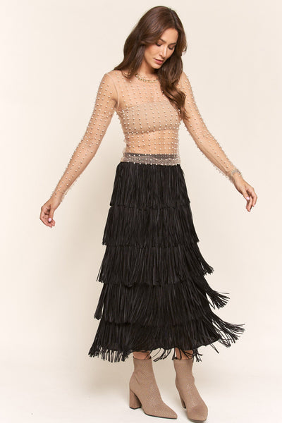 PLEATED ELASTIC WAIST FRINGE SKIRT Skirt FashionWear Collection 