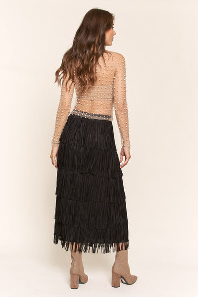 PLEATED ELASTIC WAIST FRINGE SKIRT Skirt FashionWear Collection 