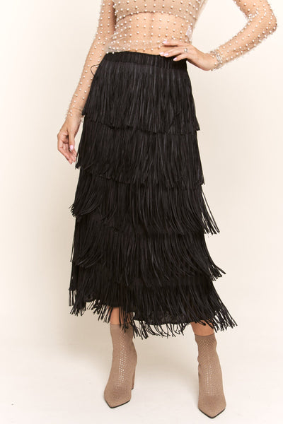 PLEATED ELASTIC WAIST FRINGE SKIRT Skirt FashionWear Collection S Black 