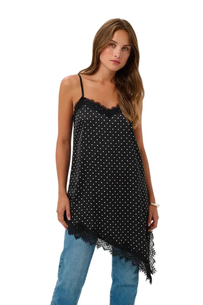 POLKA DOT TANK TOP WITH ASYMMETRICAL LACE HEMLINE Shirts & Tops Kaffe 34 Black 