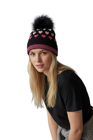POM POM BLACK/PINK HEART TOQUE Prenelove 