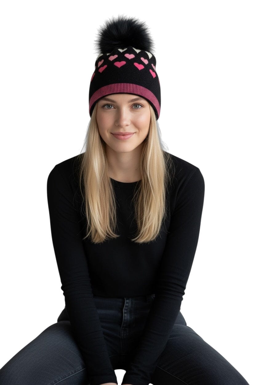 POM POM BLACK/PINK HEART TOQUE Prenelove 