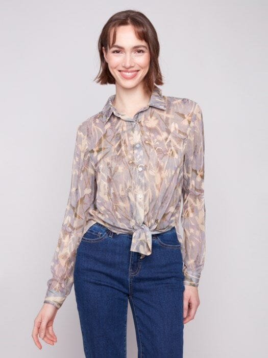 PRINTED CHIFFON BUTTON DOWN SHIRT Shirt Charlie B XS Light blue/grey 
