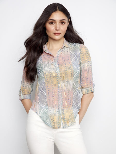 PRINTED FOIL PRINTED CRINKLED BUTTON DOWN SHIRT Shirts & Tops Charlie B 