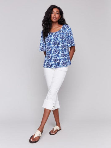 PRINTED OFF THE SHOULDER NAVY LILY PRINT TOP Shirt Charlie B. 