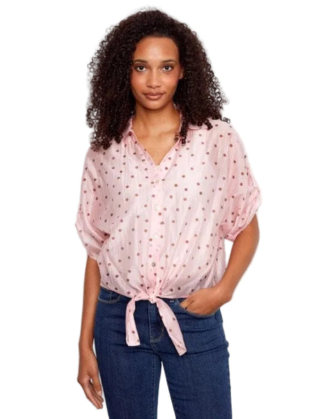 PRINTED ROLL UP ELBOW SLEEVE TIE FRONT TOP Shirts & Tops Charlie B 