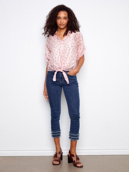 PRINTED ROLL UP ELBOW SLEEVE TIE FRONT TOP Shirts & Tops Charlie B 