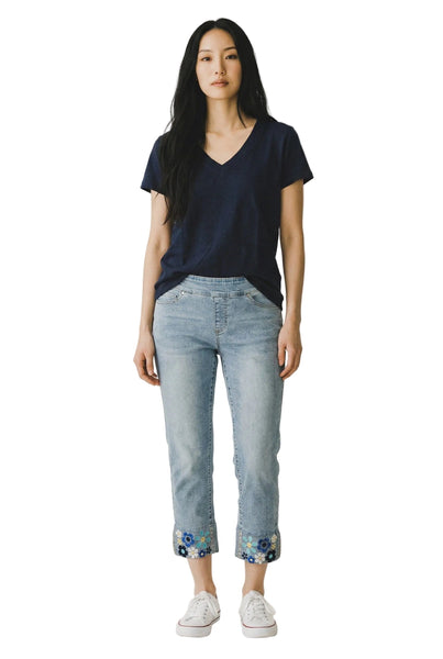 PULL ON CROP JEAN WITH EMBROIDERED FLOWER CUFF Jeans GG Jeans 4 Blue 