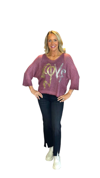 RASBERRY ROSE METALLIC LOVE LOOSE OPEN KNIT SWEATER Sweater Karma 