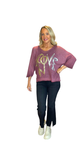 RASBERRY ROSE METALLIC LOVE LOOSE OPEN KNIT SWEATER Sweater Karma 