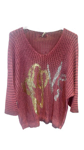 RASBERRY ROSE METALLIC LOVE LOOSE OPEN KNIT SWEATER Sweater Karma OS Rasberry Rose 