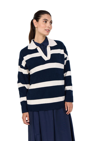 RELAXED FIT STRIPED COLLAR SWEATER Top SOYACONCEPT S Navy/White 