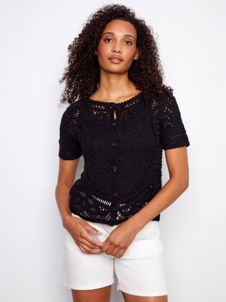 REVERSIBLE SHORT SLEEVE CROCHET SWEATER WITH BUTTONS Shirts & Tops Charlie B 