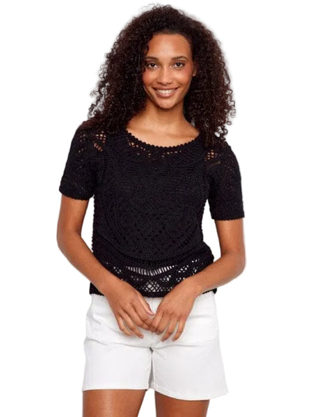 REVERSIBLE SHORT SLEEVE CROCHET SWEATER WITH BUTTONS Shirts & Tops Charlie B 