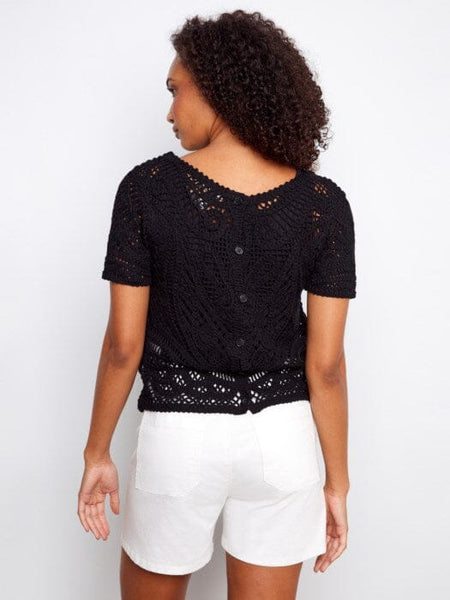 REVERSIBLE SHORT SLEEVE CROCHET SWEATER WITH BUTTONS Shirts & Tops Charlie B 