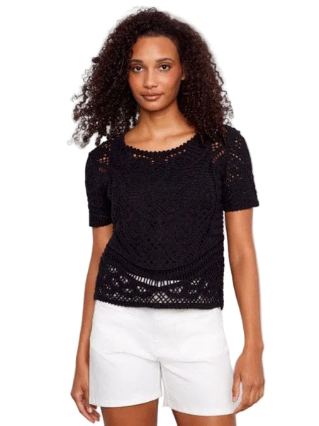 REVERSIBLE SHORT SLEEVE CROCHET SWEATER WITH BUTTONS Shirts & Tops Charlie B S Black 001 