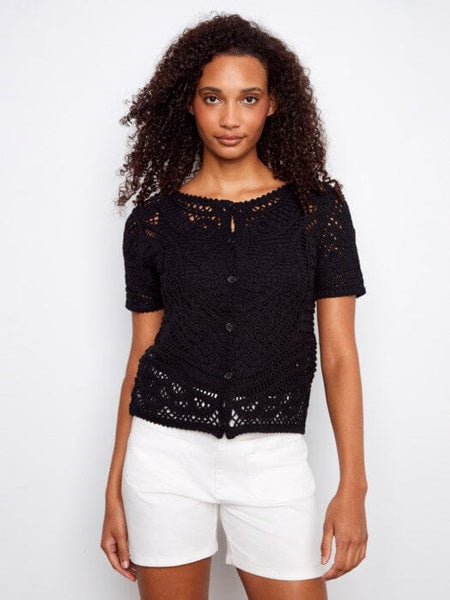 REVERSIBLE SHORT SLEEVE CROCHET SWEATER WITH BUTTONS Shirts & Tops Charlie B S Black 001 