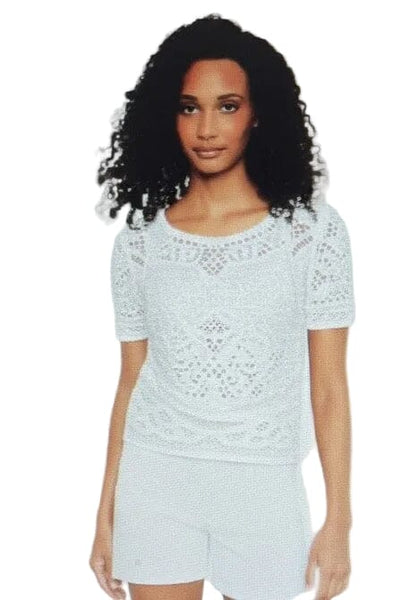 REVERSIBLE SHORT SLEEVE CROCHET SWEATER WITH BUTTONS Shirts & Tops Charlie B XS White 002 