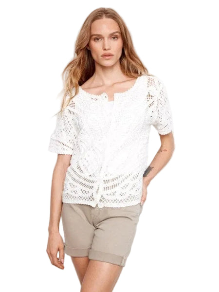 REVERSIBLE SHORT SLEEVE CROCHET SWEATER WITH BUTTONS Shirts & Tops Charlie B XS White 002 