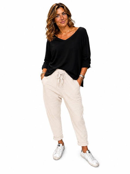 ROLL CUFF BEIGE CRINKLE DRAWSTRING WAIST JOGGER PANT Pants Made In Italy 