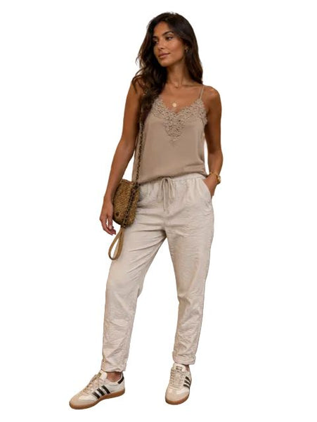 ROLL CUFF BEIGE CRINKLE DRAWSTRING WAIST JOGGER PANT Pants Made In Italy 
