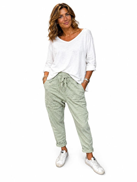 ROLL CUFF SAGE GREEN CRINKLE DRAWSTRING WAIST JOGGER PANT Pants Made In Italy 