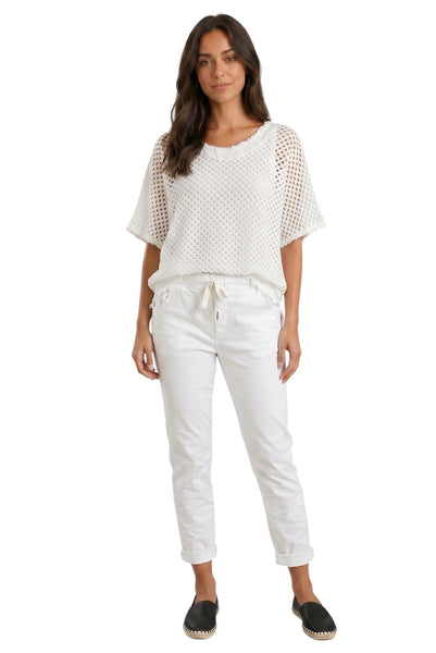 ROLL CUFF WHITE CRINKLE DRAWSTRING WAIST JOGGER PANT Pants Made In Italy 