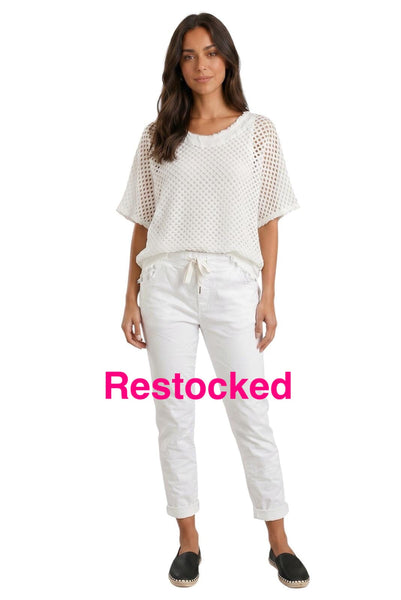 ROLL CUFF WHITE CRINKLE DRAWSTRING WAIST JOGGER PANT Pants Made In Italy 