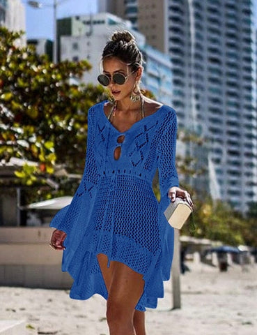 ROYAL BLUE CROCHET LACE BATHING SUIT COVER UP Top FashionWear Collection One Size Royal Blue 
