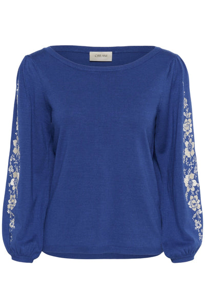 ROYAL BLUE EMBROIDERED SLEEVE WIDE NECK SWEATER Sweater CREAM 