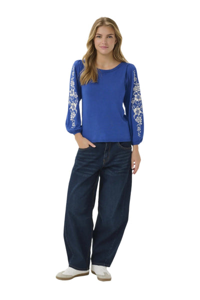 ROYAL BLUE EMBROIDERED SLEEVE WIDE NECK SWEATER Sweater CREAM 