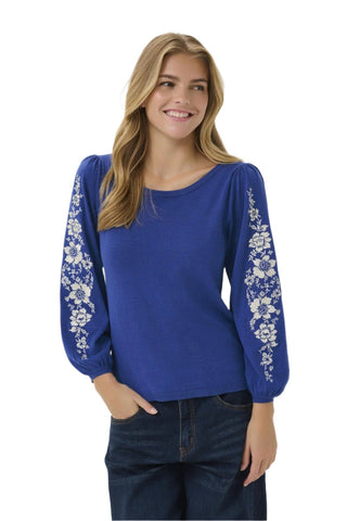 ROYAL BLUE EMBROIDERED SLEEVE WIDE NECK SWEATER Sweater CREAM XS Royal Blue 