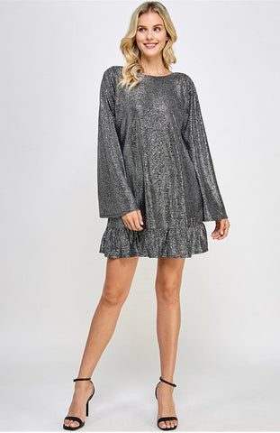 RUFFLE BOTTOM SILVER FLOWY TUNIC Dress FashionWear Collection S Silver/Black 