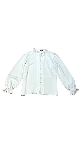 RUFFLE NECK SILVER BUTTON DOWN WHITE BLOUSE Top Bali 