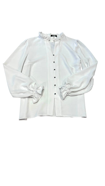 RUFFLE NECK SILVER BUTTON DOWN WHITE BLOUSE Top Bali 