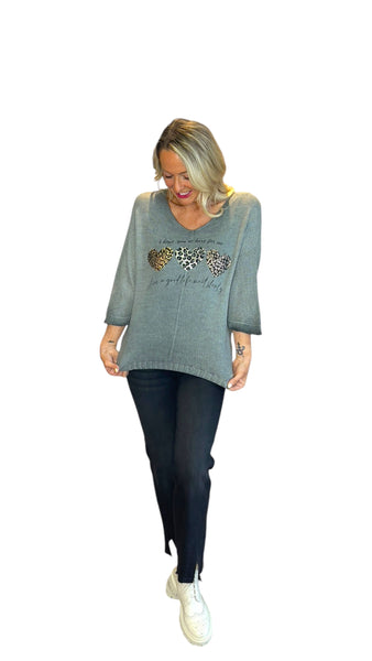 SAGE GREEN METALLIC HEART LEOPARD LOOSE OPEN KNIT SWEATER Sweater Karma 