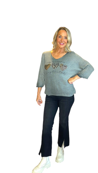 SAGE GREEN METALLIC HEART LEOPARD LOOSE OPEN KNIT SWEATER Sweater Karma 