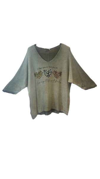 SAGE GREEN METALLIC HEART LEOPARD LOOSE OPEN KNIT SWEATER Sweater Karma 