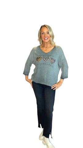 SAGE GREEN METALLIC HEART LEOPARD LOOSE OPEN KNIT SWEATER Sweater Karma 