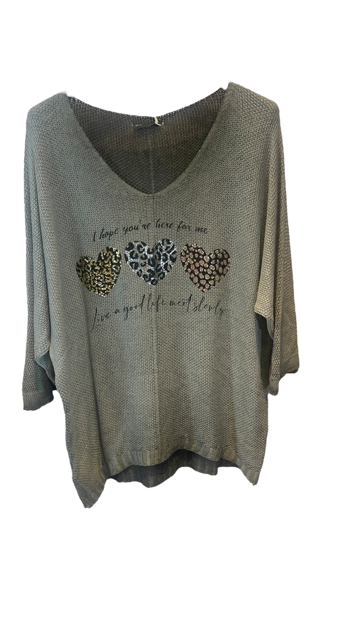 SAGE GREEN METALLIC HEART LEOPARD LOOSE OPEN KNIT SWEATER Sweater Karma OS Sage Green 