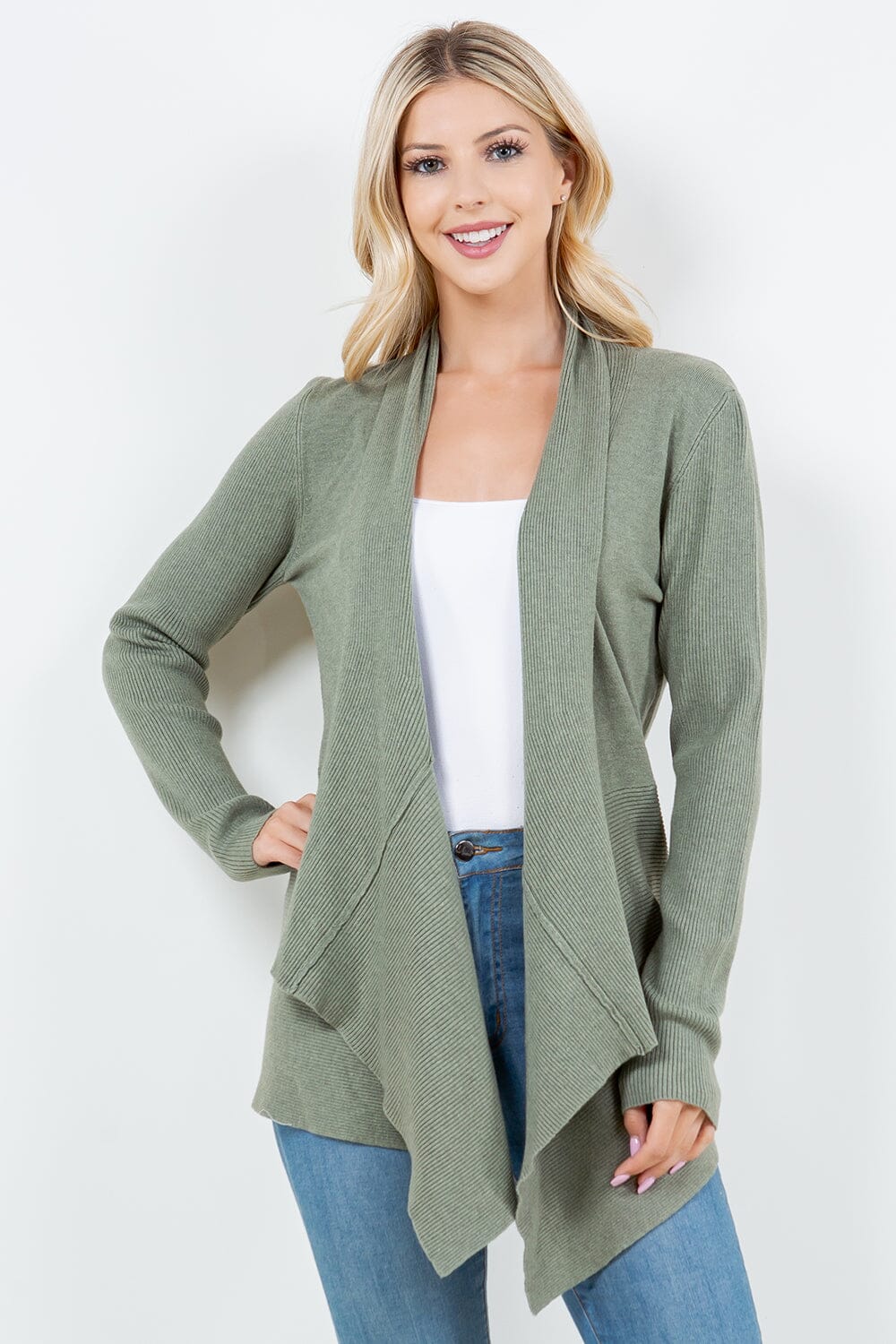 SAGE GREEN OPEN SOFT RIBBED SLEEVE CARDIGAN Cardigan FashionWear Collection S/M Sage Green 