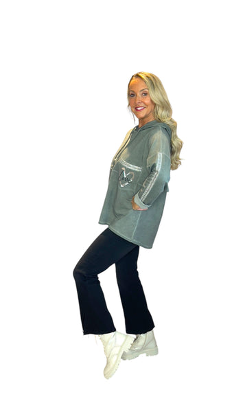 SAGE GREEN SILVER HEART BEAUTIFIUL COTTON HOODY Sweater Karma 